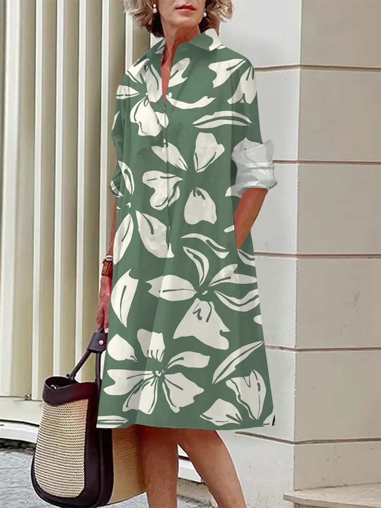 Creative Printed Women's Shirt Dress Stylish and Elegant Dress Outdoor Street Casual Long-Sleeved Shirt Dress Women's Clothes