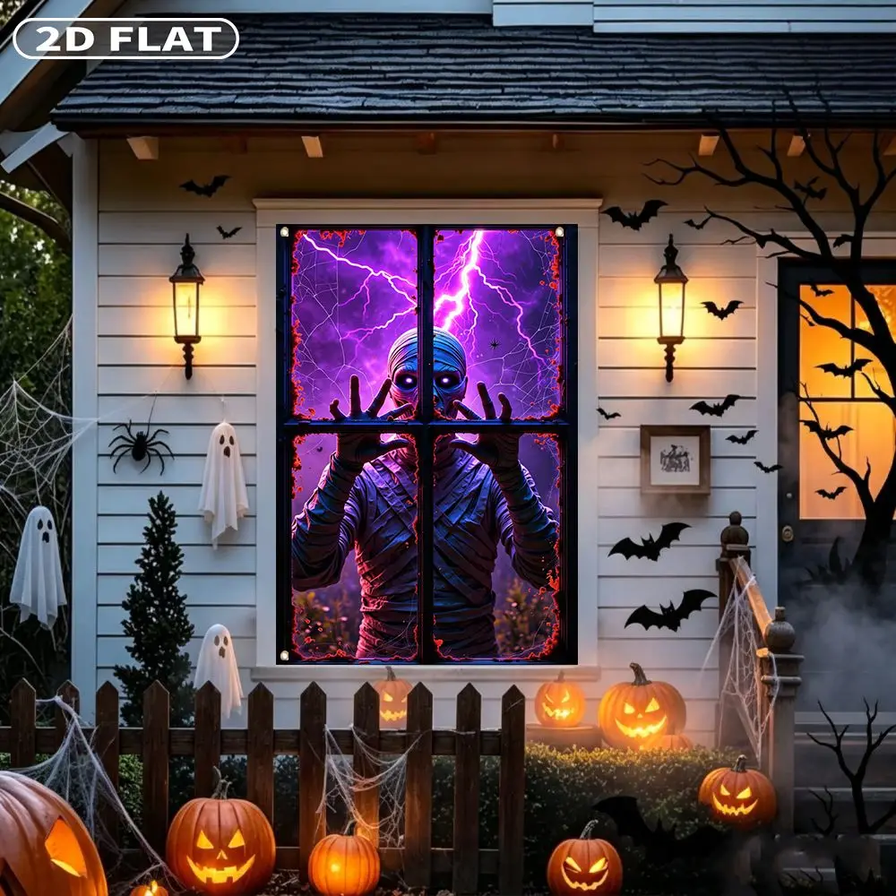 2D FLAT 1pc Party Banner, Halloween Window Cover with Mummy Peering Through Window With Lightning Background,122x88cm, Polyester