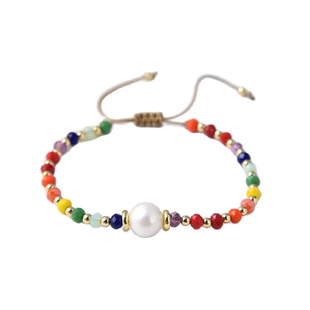 10 قطعة ، بوهو البوهيمي الصيف قوس قزح أساور لؤلؤ المياه العذبة أساور مجوهرات ملونة كريستال مطرز سوار للنساء