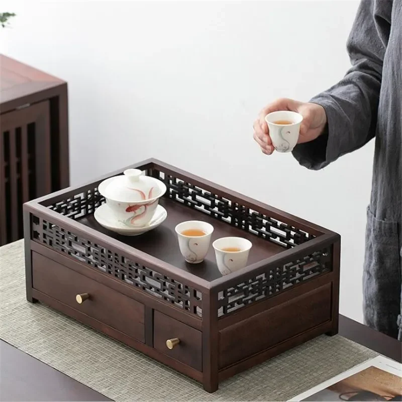 Solid Wood Walnut Tea Set Storage Box Desktop Organizer for Tea Cakes Multi-functional Small Bogu Rack Home Tea Room Decor