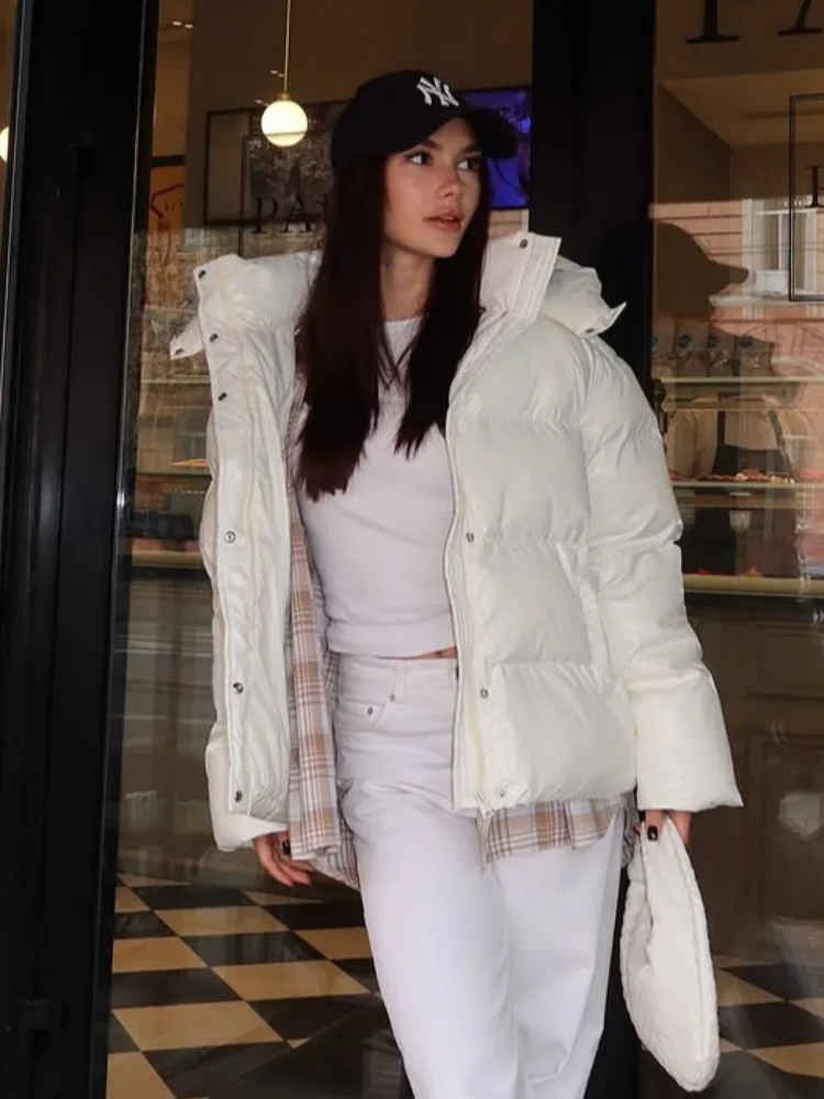 

Casual Hooded Cotton Short Coat Women Solid Stand Collar Single Breasted Zipper Pocket Loose Jacket Lady Winter Street Outwear