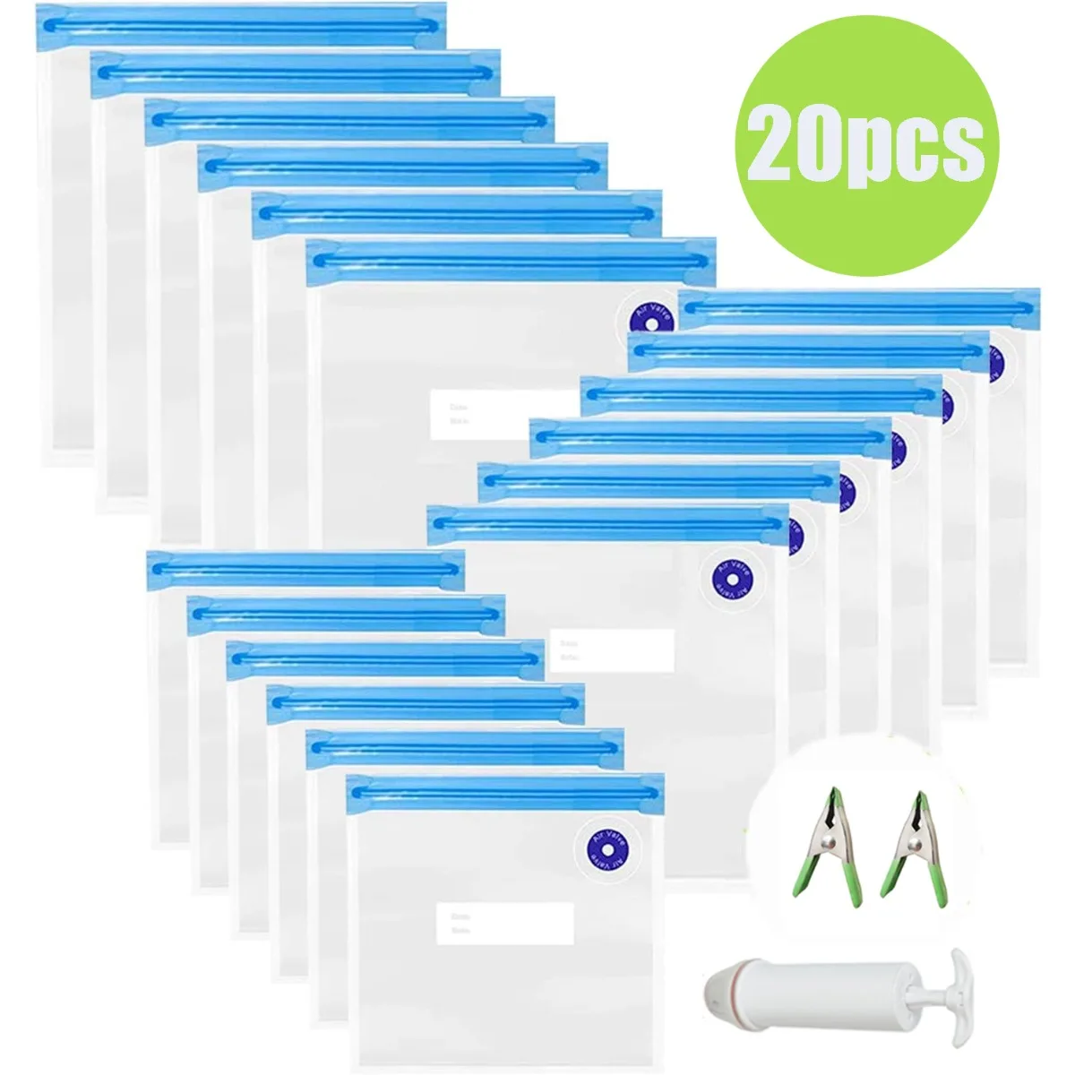 

Reusable Sous Vide Bags 4 Sizes - 20 Pack with Hand Pump Sealing Clips Food Safe Kit for Sous Vide Cooking and Food Fresh
