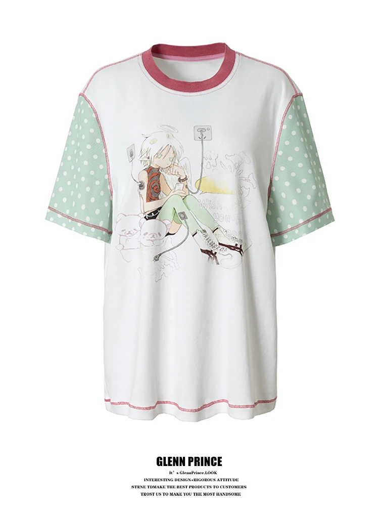 

GPstudio Design Sensation Short Sleeve T-Shirt Men Summer Y2K Cute Loose Top Polka Dot Print Contrast Color Splicing Unisex