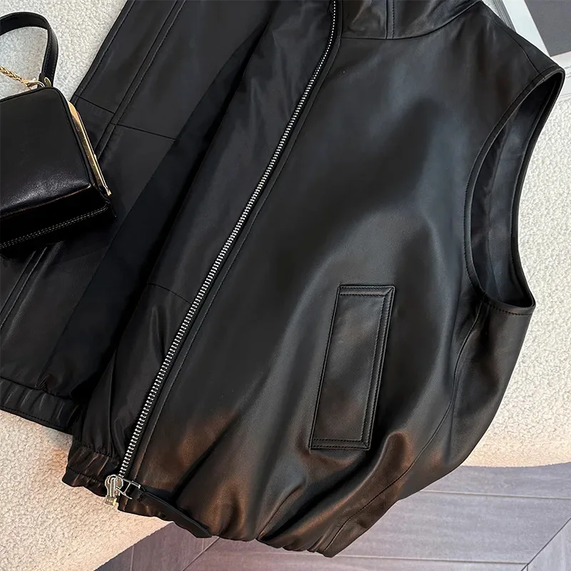 2024 Spring Autumn Hooded Leather Vest Short Coat Tops Women Loose New Casual Vests Fashion Leather Waistcoat Outwear Female