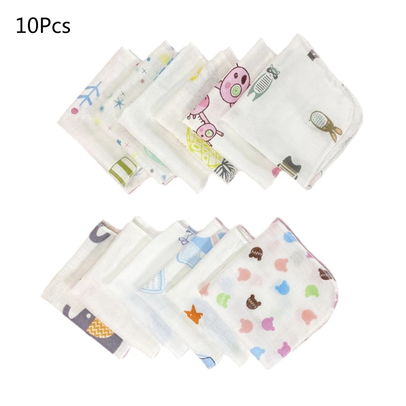 10Pcs 20x20cm Baby Washcloths Set Cartoon Print Double Layer Gauze Infant Face Towel Reusable Wipes Absorbent Square Burp