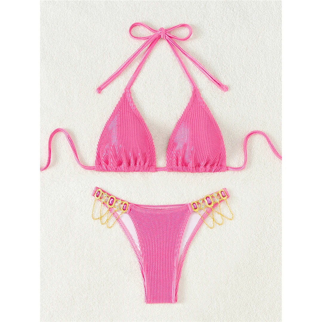 Neuer Bikini mit Diamant-Strasssteinen, geripptem Oberteil und Halterneck, Damen-Badebekleidung, zweiteiliger Bikini-Set, Badeanzug, Badebekleidung, Modell V5391 – Detail 11