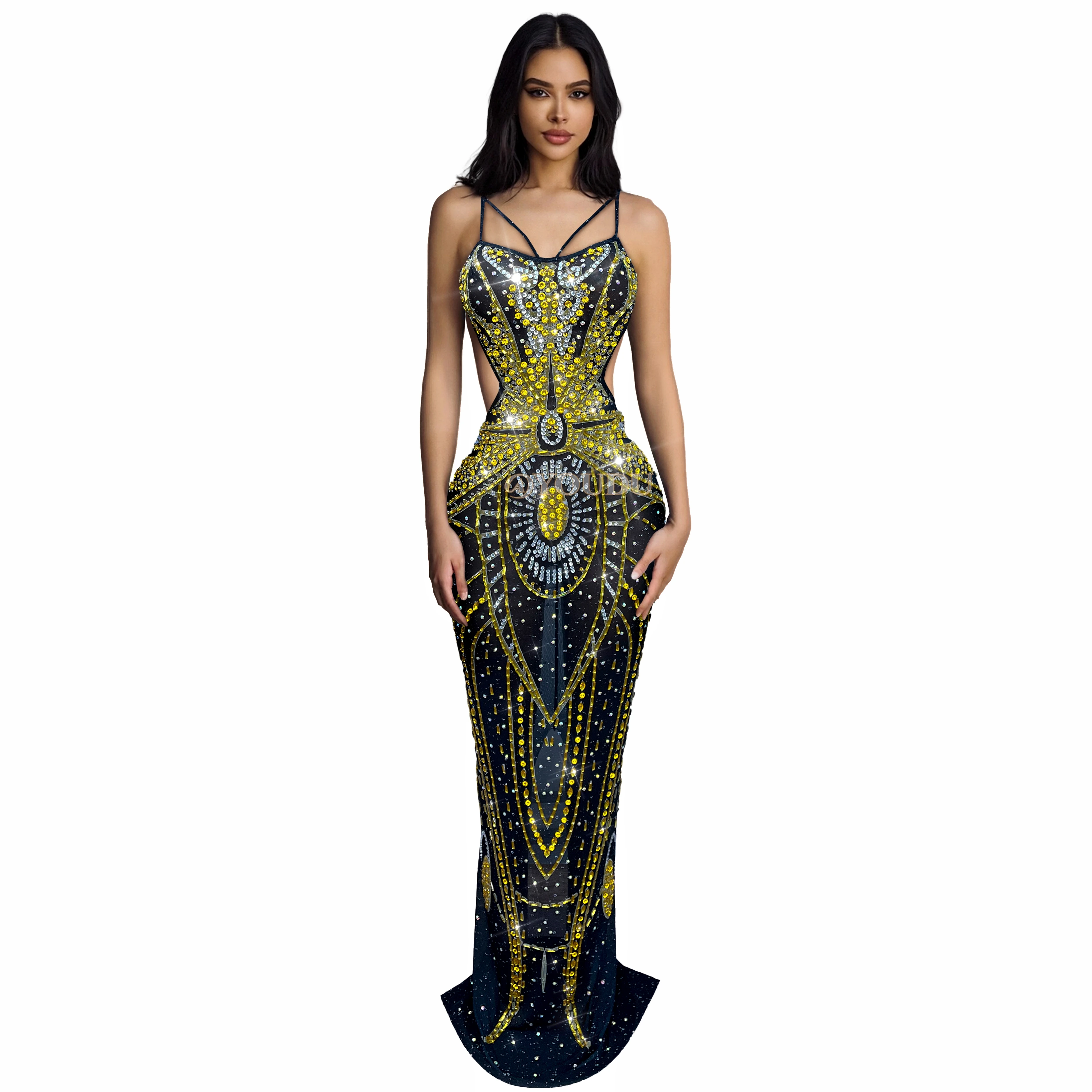 

High-end Flashing Gold Rhinestones Hollow waist Mesh Suspenders Dress Evening Party Exquisite Gown Red carpet Outfit Heijinxian