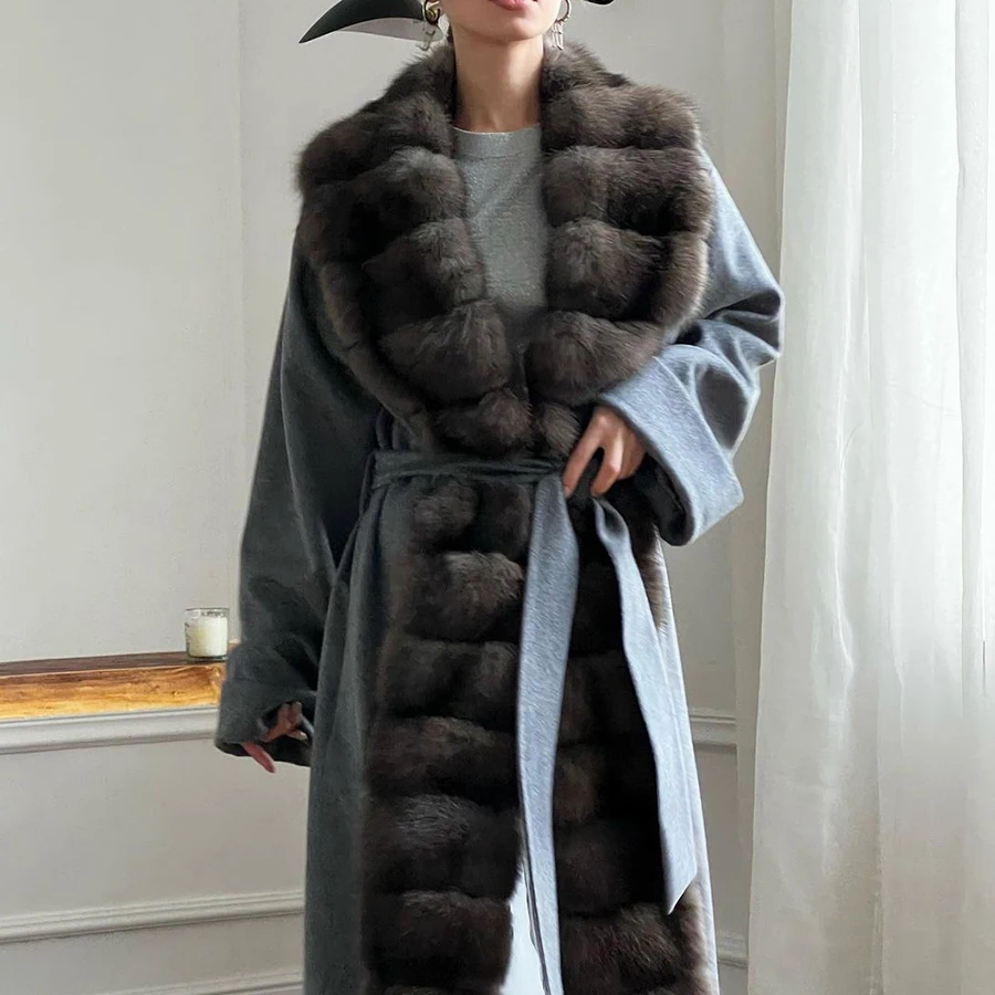 Real Cashmere Coat With Natural Fox Fur Trim Wool Fur Coat Women Clothing Luxury Long Warm Winter Jacket