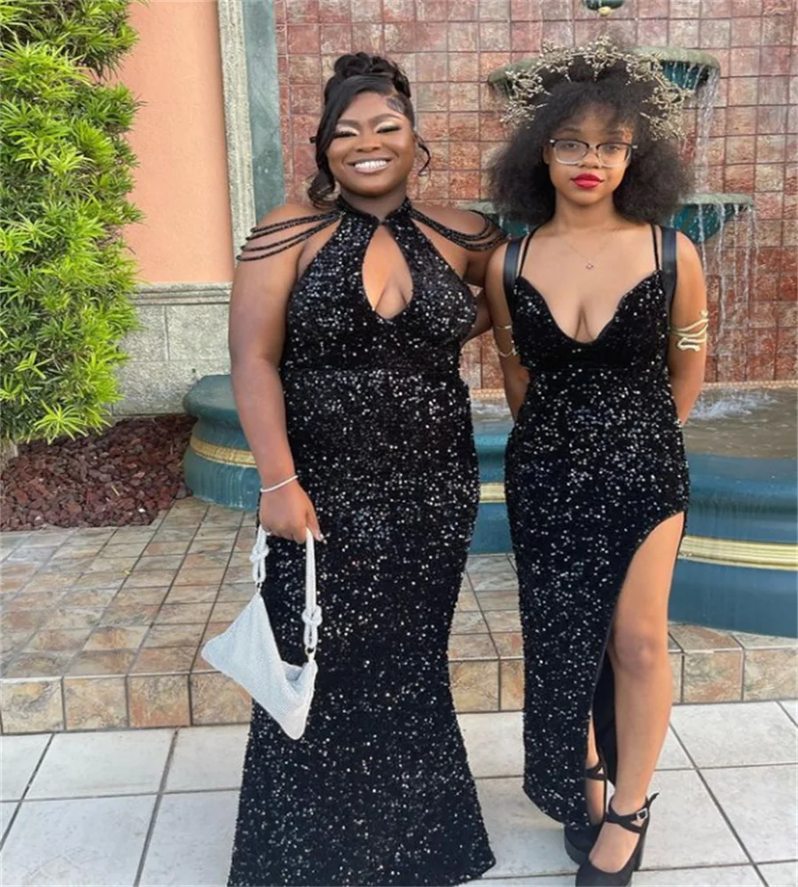 

Plus Size Sequin Prom Dress For Black Girl Beaded Sleeve Mermaid African Evening Dresses 2023 Keyhold Front Formal Dance Party