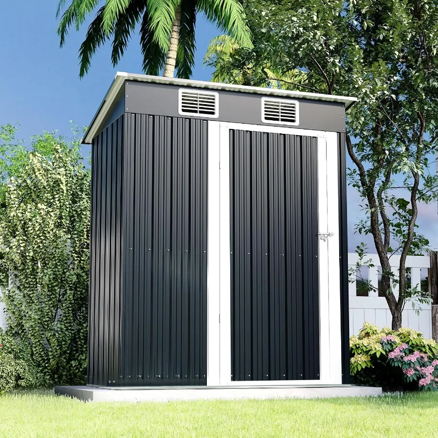 Outdoor storage shed for backyard patio lawn use, galvanized steel construction, gray finish, corrosion-resistant with lockable