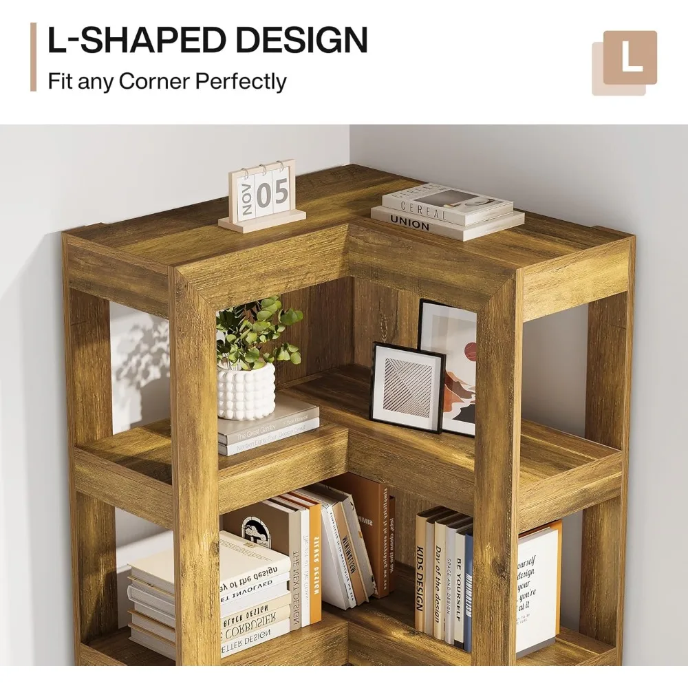 Estantería esquinera grande de 6 niveles, estantería alta de madera en forma de L con almacenamiento para sala de estar y dormitorio