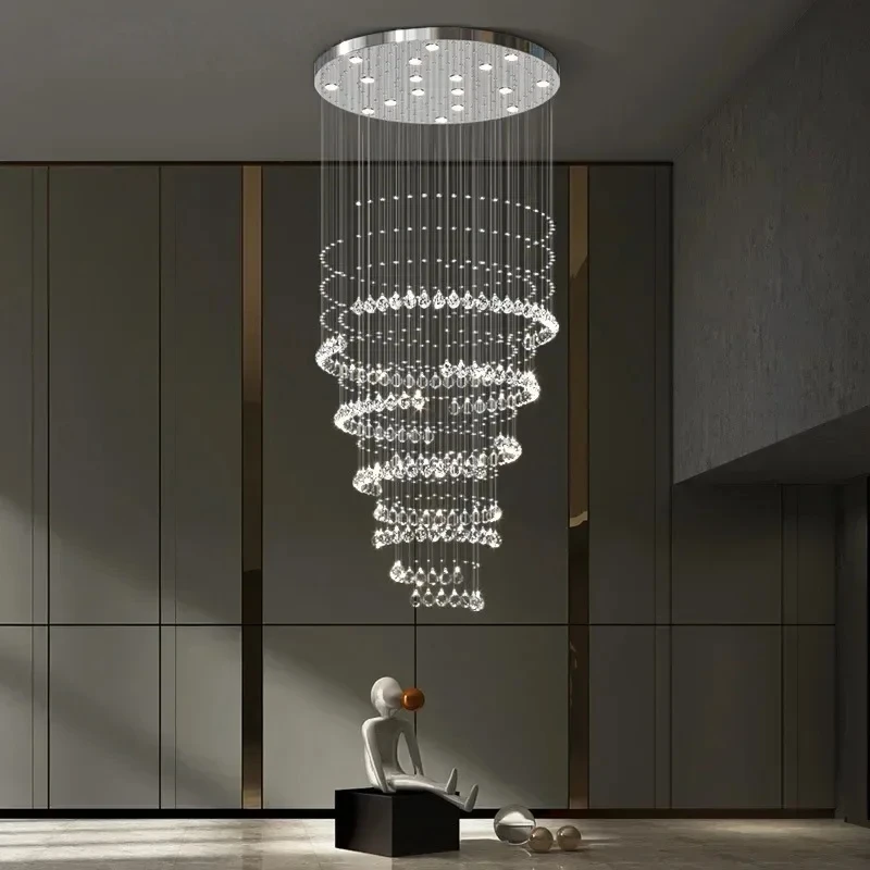 New Design Large Decorative High Ceiling Light For Living Room Chrome Pendant Lamp Spiral Stair Modern Luxury Crystal Chandelier
