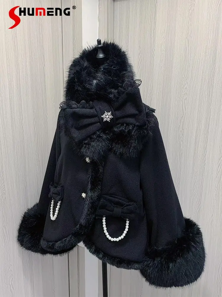 

Original Mine Black Short Woolen Jacket Winter New Japanese Subculture Gothic Sweet Cool Big Bow Short Coat with Plush Scarf