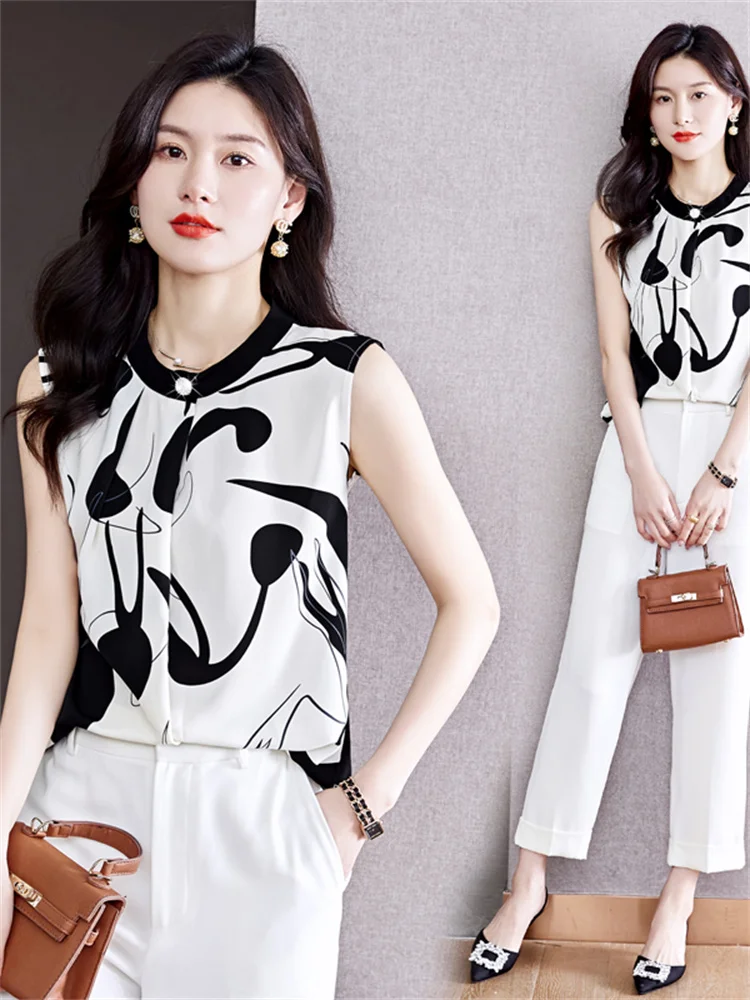 Fashion Women Blouse Elegant  Chiffon Blouse Summer 2022 sleeveless White Print Top Office Lady Formal Shirts