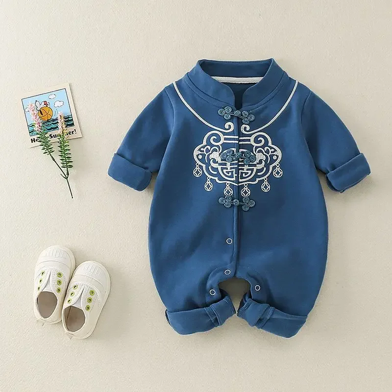 Spring Autumn Chinese Traditional Cotton Gold Lock Embroidered Long- Sleeved Tang Suit Jumpsuit Boys Girls Newborn Baby Romper