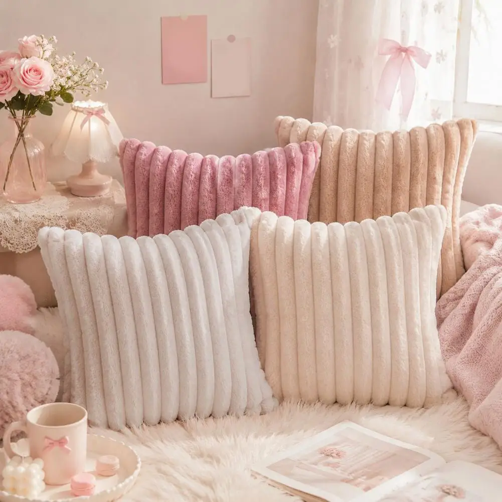Soft Plush Imitation Rabbit Fur Pillowcase Vertical Strip Throw Pillow Case Decorative Cushion Cover for Couch Bedroom