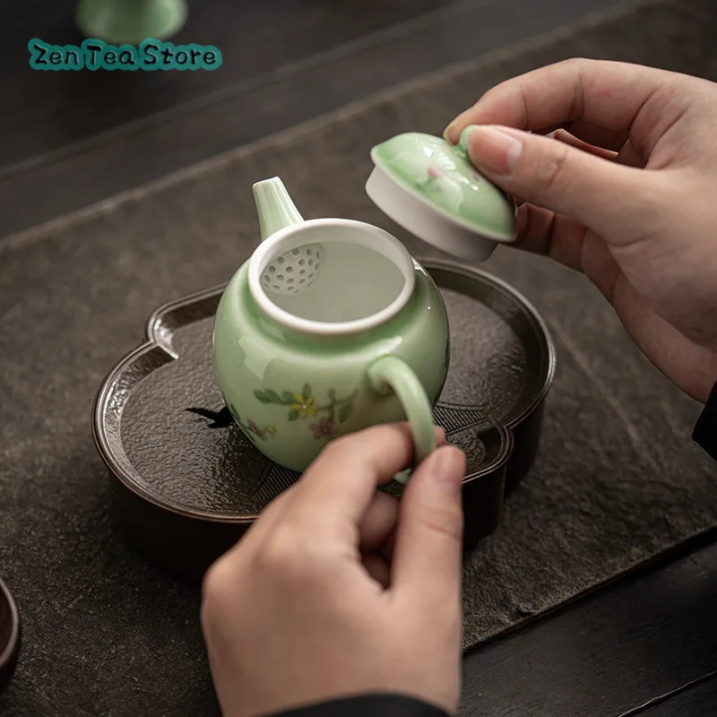 Pure Hand-painted Small Bean-green Tea Pot Single Pot Household Kung Fu Tea Set With Filter Hole Ceramic Tea Maker