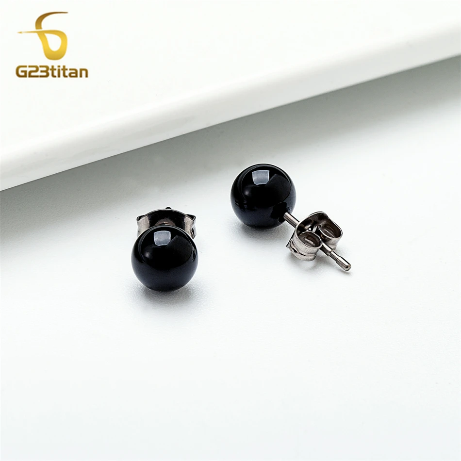 Black Agate Stone Stud Earrings for Women Mens Medical G23 Titanium Piercing Jewelry Simple Round Onyx Ball Ear Lobe Accessories