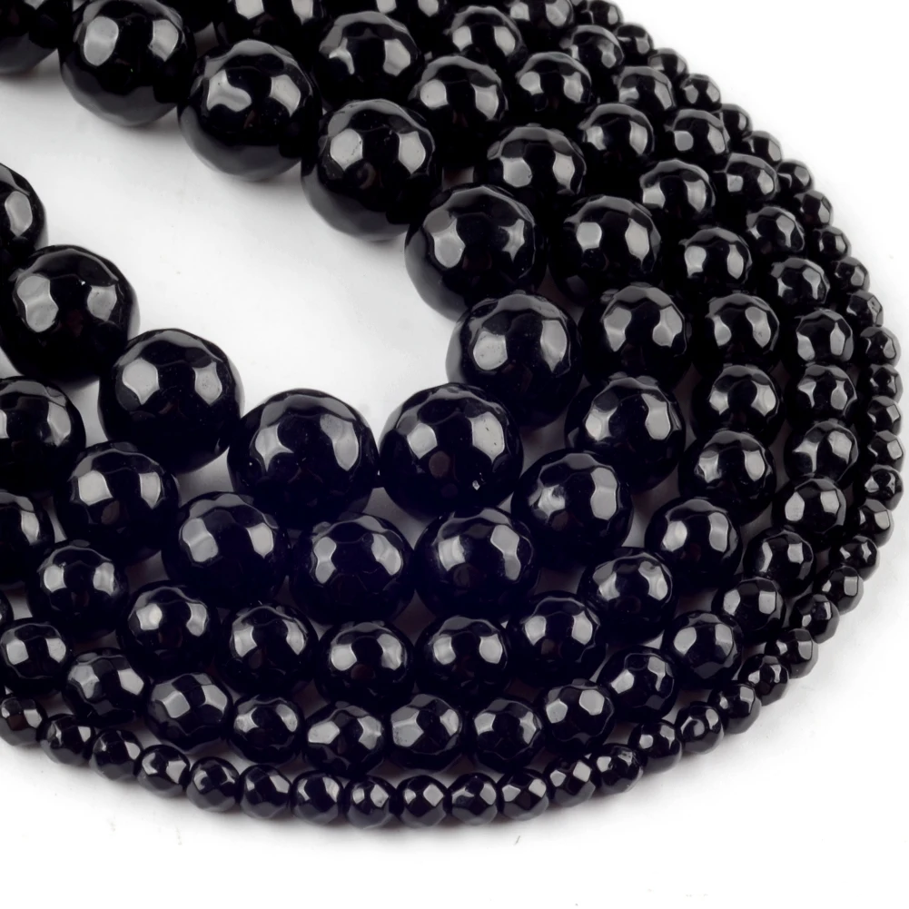 Natural Faceted Black Agates Stone Beads Round Loose Spacer Beads For Jewelry Making DIY Bracelet Handmade 4/6/8/10/12mm