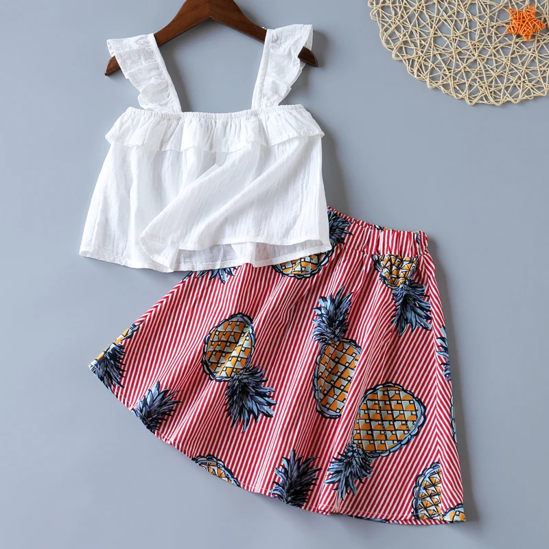 Children Suit New Fashion Ruffled Halter Top Striped Pineapple Print Skirt 2-Piece Set Two-piece Girls Clothing