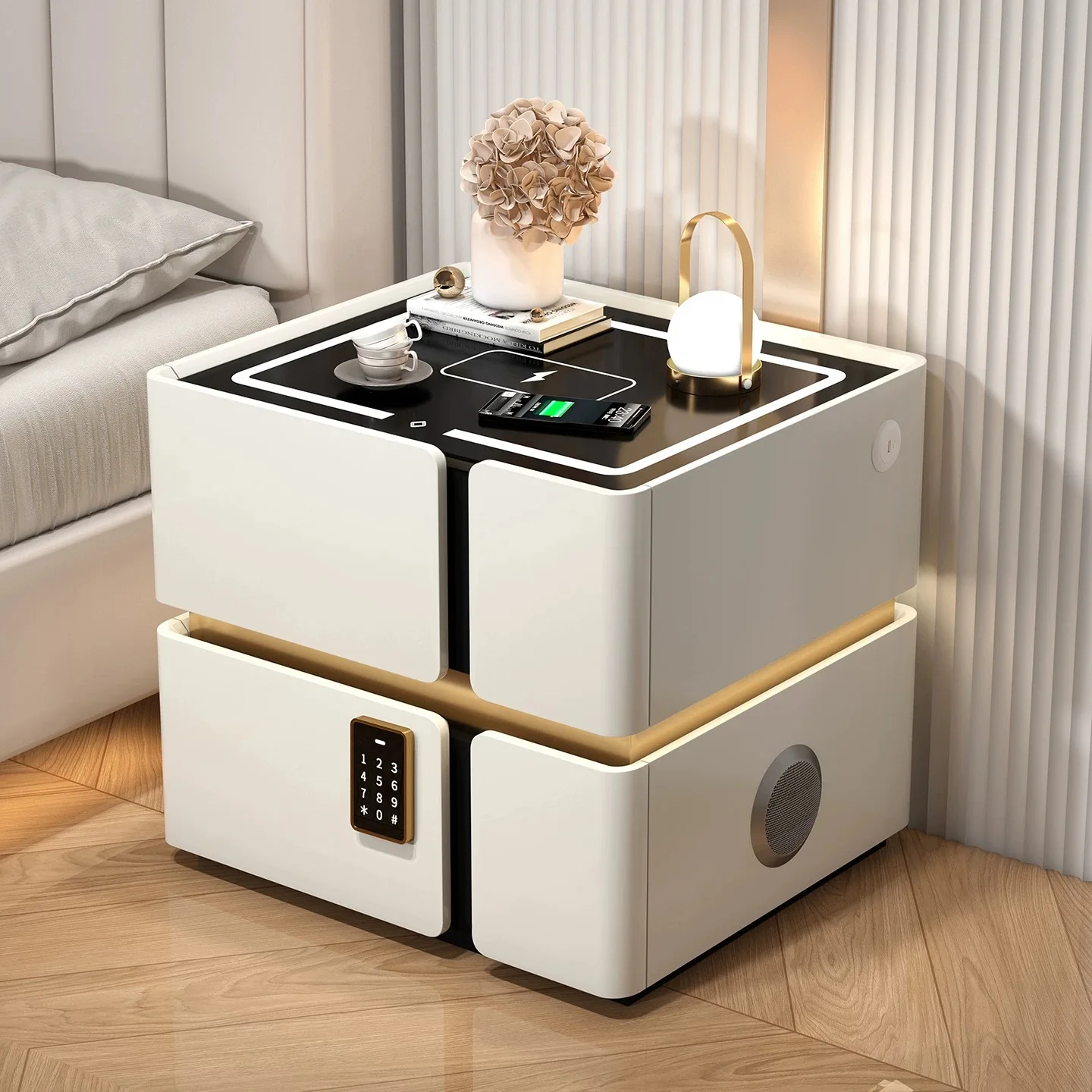 Modern Luxury Wood Smart Bedside Table with Led Light Wireless Charging Speakers 2 Drawer Bedroom White Leather Furniture Design