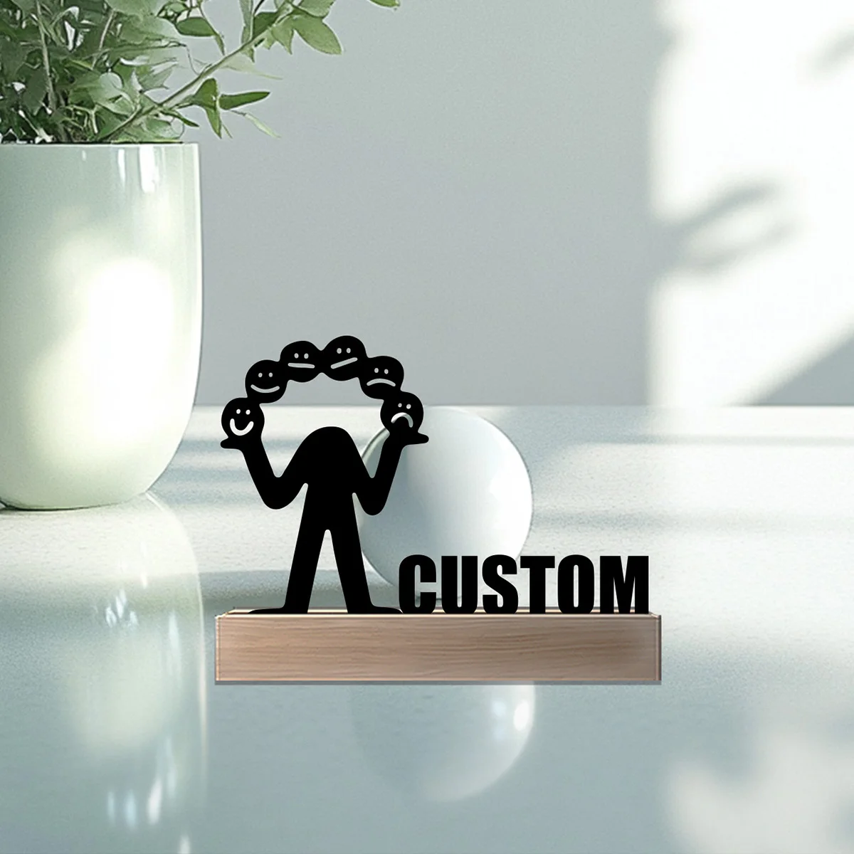 1pc Simple face Custom Name Metal Statue Metal Ornament With Wood Base Tin Sculpture Art Crafts With Wood Base