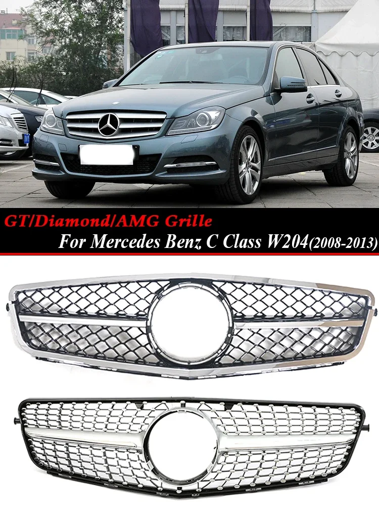 Front Bumper Grille For Mercedes Benz C Class W204 2008-2013 GT AMG Diamond Star Style Inter Lower Radiator Grill Accessories