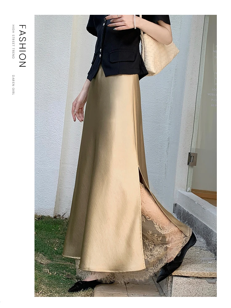 2026 Sommer Herbst Neuer Schlanker Hochwertiger Modischer Halbrock Eleganter Spitzenbesatz Satin Seitenschlitz Damen Midi-Rock – Detail 20