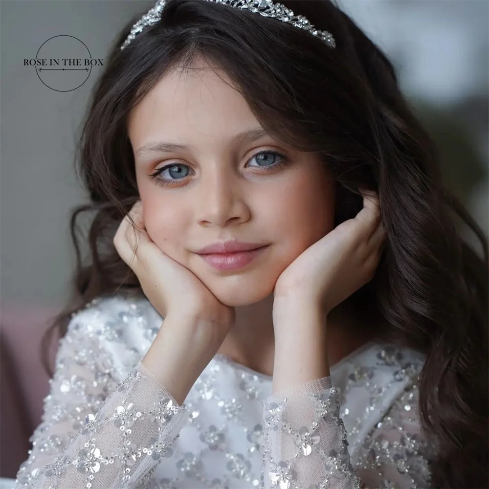 Vestido de flor branca com mangas compridas, vestido de casamento infantil, renda lantejoula, vestidos tutu, princesa criança, festa de aniversário, primeira comunhão