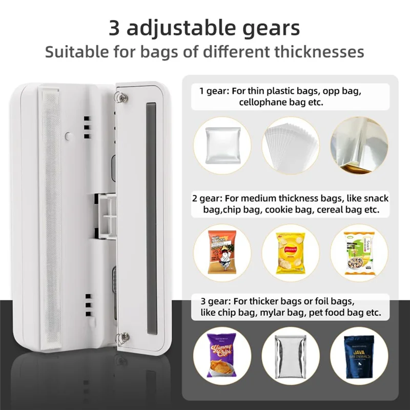 مانع تسرب الأكياس الصغيرة RM، شاحن USB أكياس رقاقة البطاطس سدادة الحرارة كابر، أدوات إغلاق الوجبات الخفيفة كيس من البلاستيك ختم الحرارة وقاطع دائم أبيض