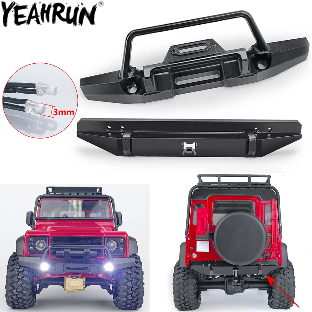 YEAHRUN CNC Aluminum Front Rear Bumper with LED Lights for 1/18 RC Crawler TRX4M Defender Upgrade Parts