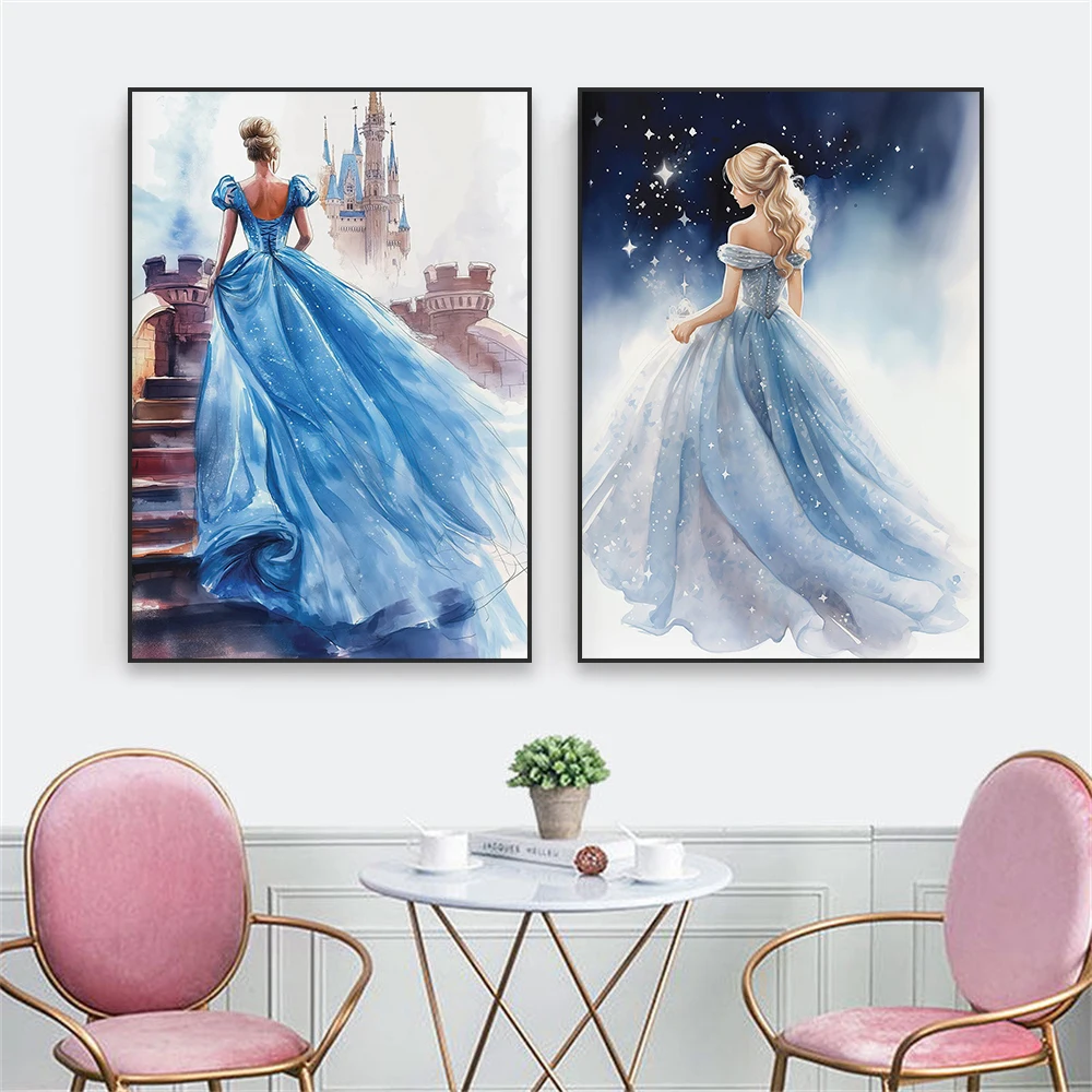 Abstract Disney Princess Oil Painting Prints Cinderella At the Ball Poster Vintage Cinderella Castle at Night Canvas Painting