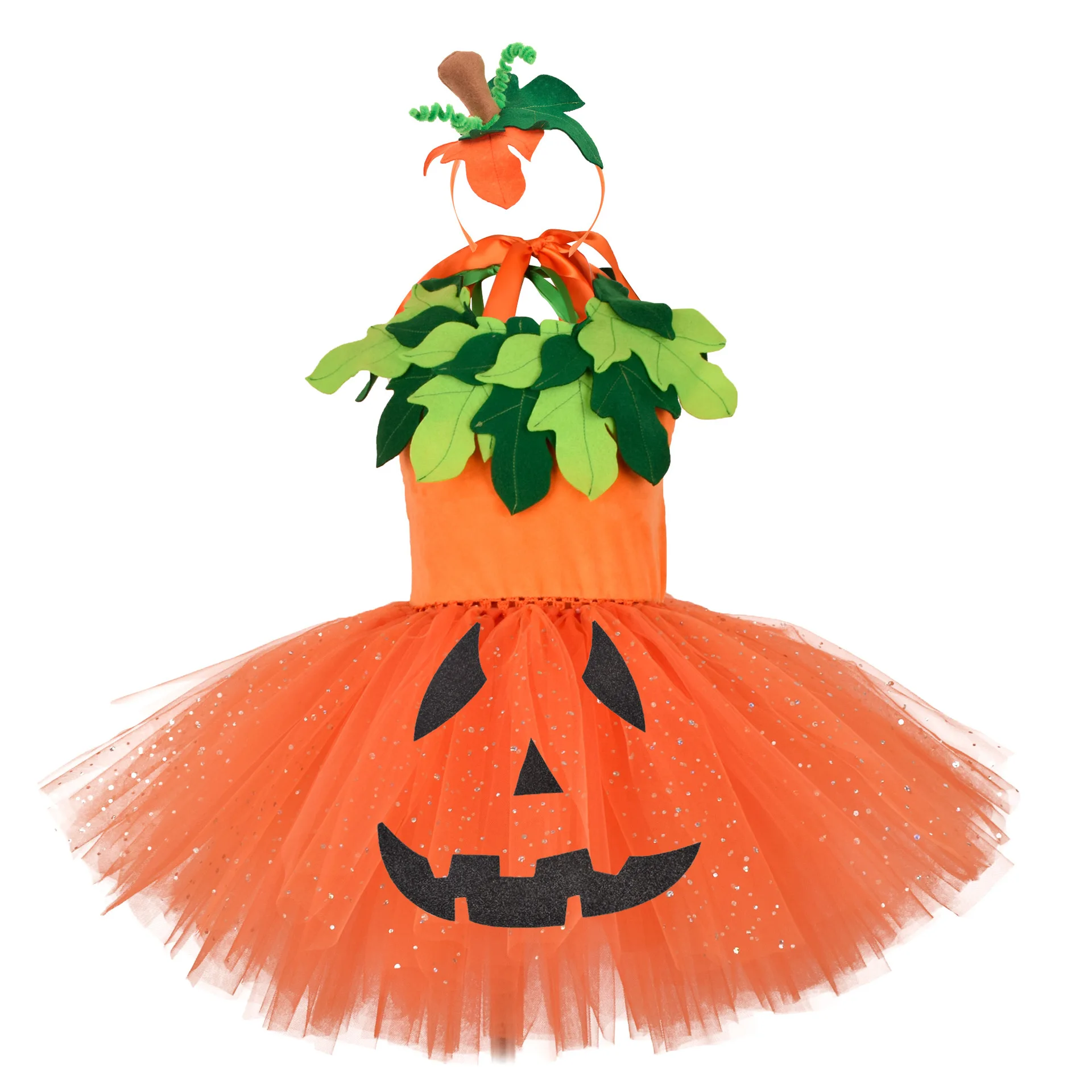 Children Halloween Cartoon Funny Unique Design Pumpkin Style Sparkly Mesh Tutu Dress Holiday Masquerade Carnival Party Role Play