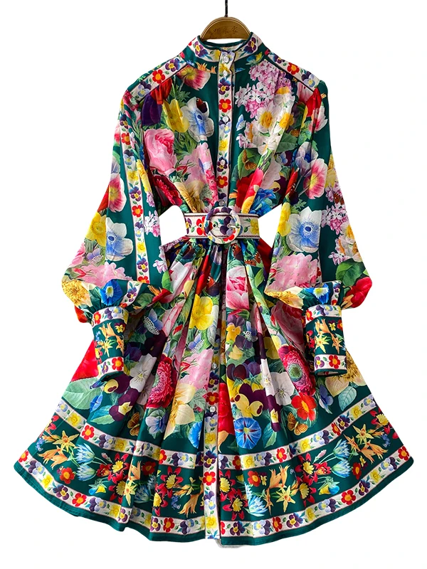 Herbstliches, schlankmachendes Midi-Dr mit Blumendruck und Laterne, Sves, Stehkragen, Knopfverschluss, Urlaub, Damen-Dr