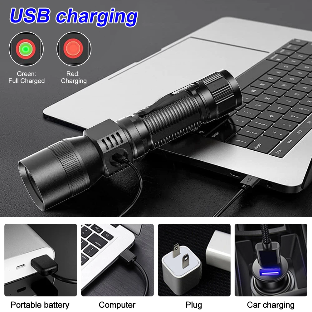 3in1 Flashlight UV Light & Red light & Strong Light Zoomable Flashlight Magnetic LED Torch with COB Sidelight Rechargeable Torch