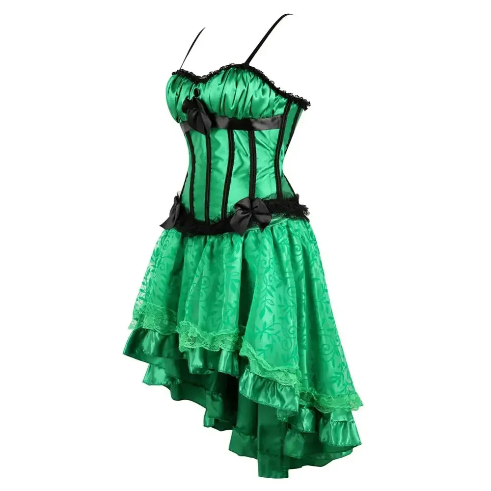 Women Sexy Lace Corset Dress Satin Striped Cup Straps Corset Bustier Top with Asymmentrical Floral Skirt Set Party Costume