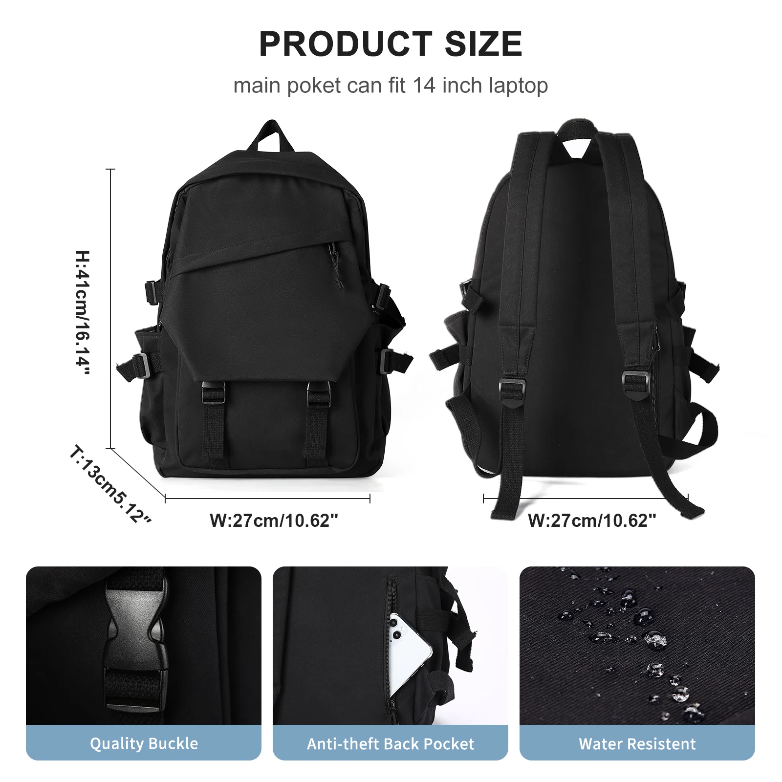 Likros School Bags for Boys Black Men Backpack Laptop Backpack, Lightweight Travel Rucksack Student Daypack Anti Theft Backpacks