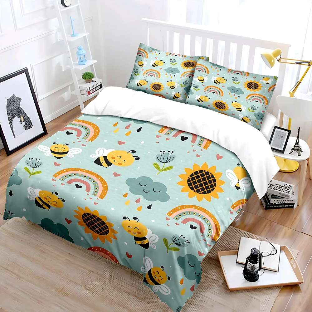 Cartoon bees rainbow flower background Bedding Set 1 Duvet Cover 2 Pillowcases for Adult and Children Luxury Gift Full Size