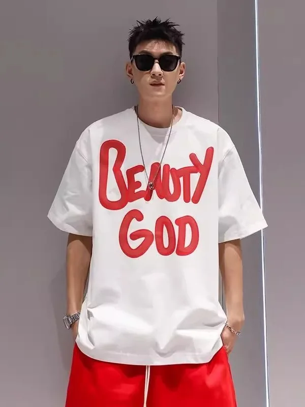 

Loose Fit Cotton ort Sve T-irt Letter Print Casual Summer Top for Men And Women Couples Trendy plus Size Tee