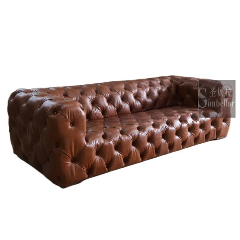 

Furniture European and American retro classic pull buckle first layer cowhide sofa 3 people living room hotel lobby office