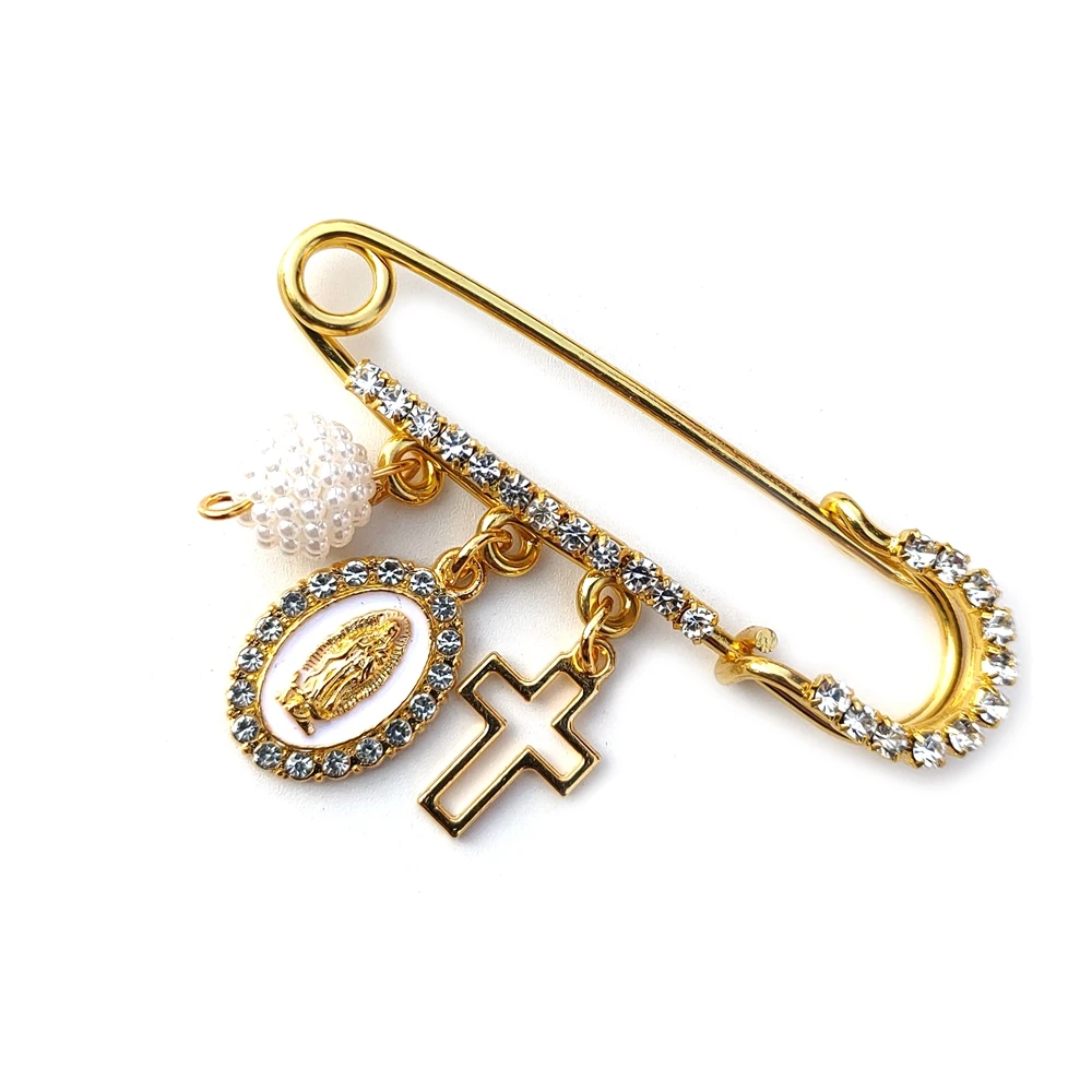 QIGO Religious Brooches Crystal Guadalupe Cross Acrylic Beads Tassel Pendant For Men Women With Box