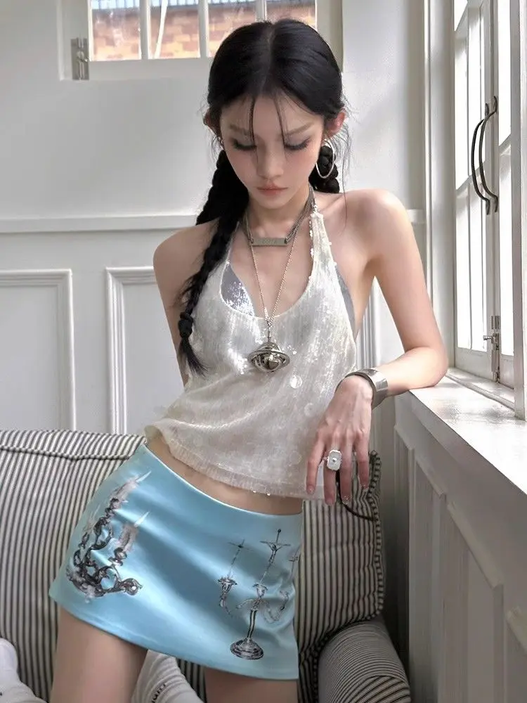 Y2K Clothes 2000s Sexy Mini Skirt Print Streetwear Clubs Party Evening Dress Skort Skirts Harajuku Angel Skirt Kawaii Skirts