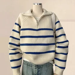 White Stripes Warm Women Sweater Winter Fashion Lapel Zipper Knit Pullover Female Loose Korean Preppy Soft Knitted Jumper New