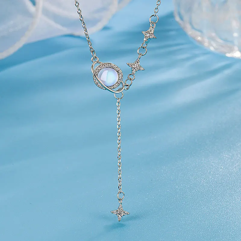 

Гальваническое ожерелье из натурального лунного камня с планетой и метеоритом, цепочка на ключицу, звездное небо