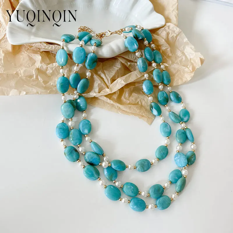 Trendy Bohemia Multilayer Thick Beaded Chain Necklace For Women Big Ocean Blue Necklaces Simple Banquet Neck Fashion Accessories