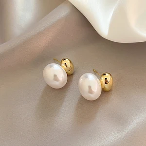 Flache Perlenohrringe geänderte goldene Bohnen für Frauen, französische elegante Juwelen, Partyaccessoires, koreanische Mode, süß, neu, 2023 6 Hauptverkäufe von Perola mit Gold - №1