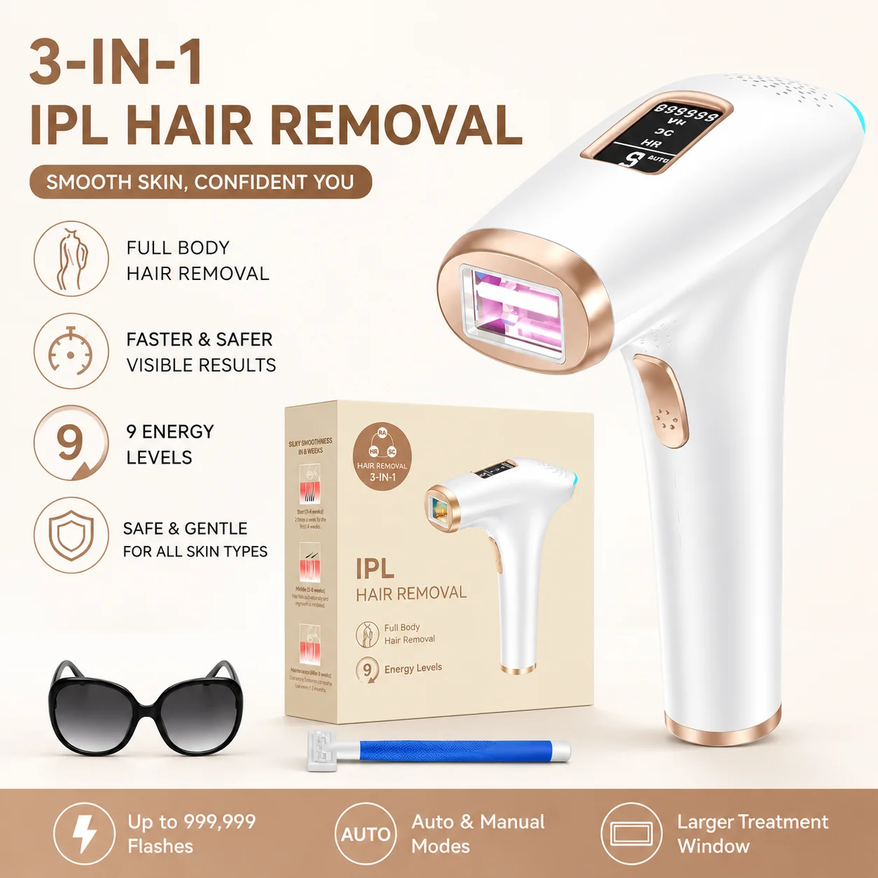Hair Removal Device IPL Laser Epilator 999,900 IPL Flashes, 9 Levels & 2 Modes, Face, Body, Armpits Pulsed Light Hair Remover