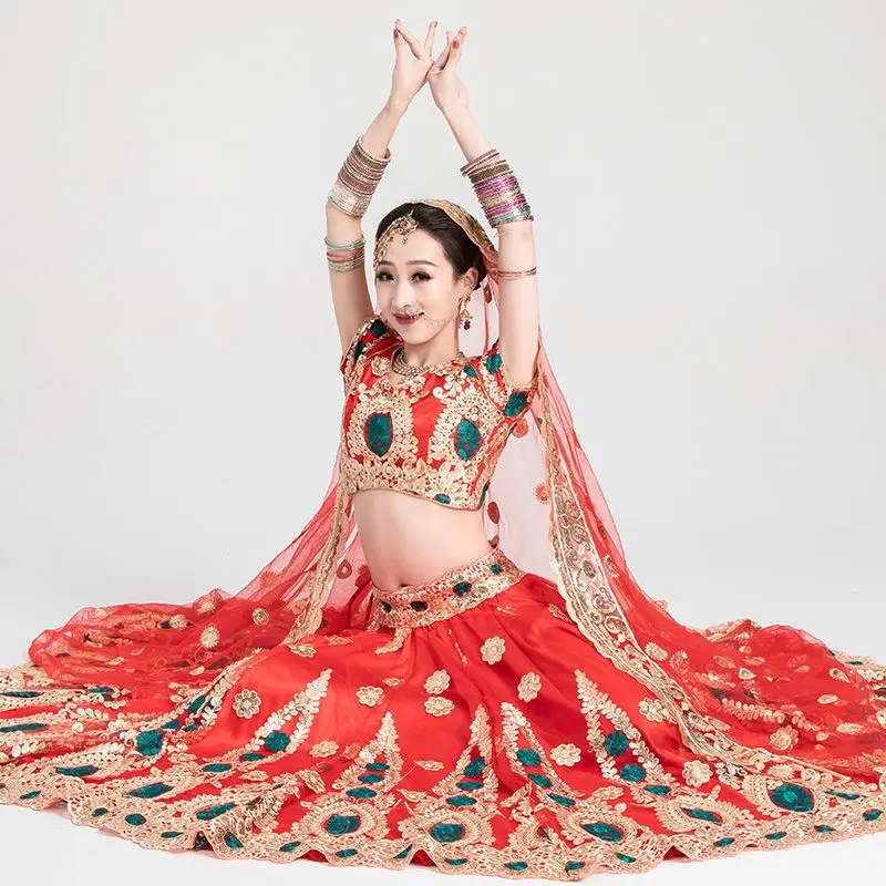 Indian dance belly dance Xinjiang dance performance dress Women's dress with large hem embroidery long skirt Women's clothing