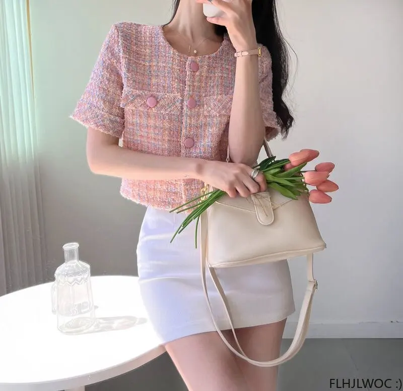 Chic Korea Short Crop Coats New Design Women Japan Girls Office Lady Pink Button Short Sleeve Jackets