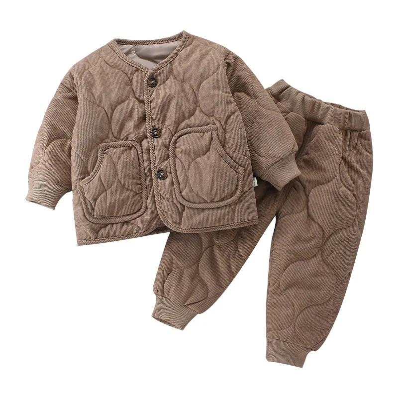 Boys Girsl Winter Cotton Padded Set Clothes Baby Corduroy Coat Outfit Children\'s Outerwear Quilted Jacket Tops+Pants 2PC 1-7Yeas